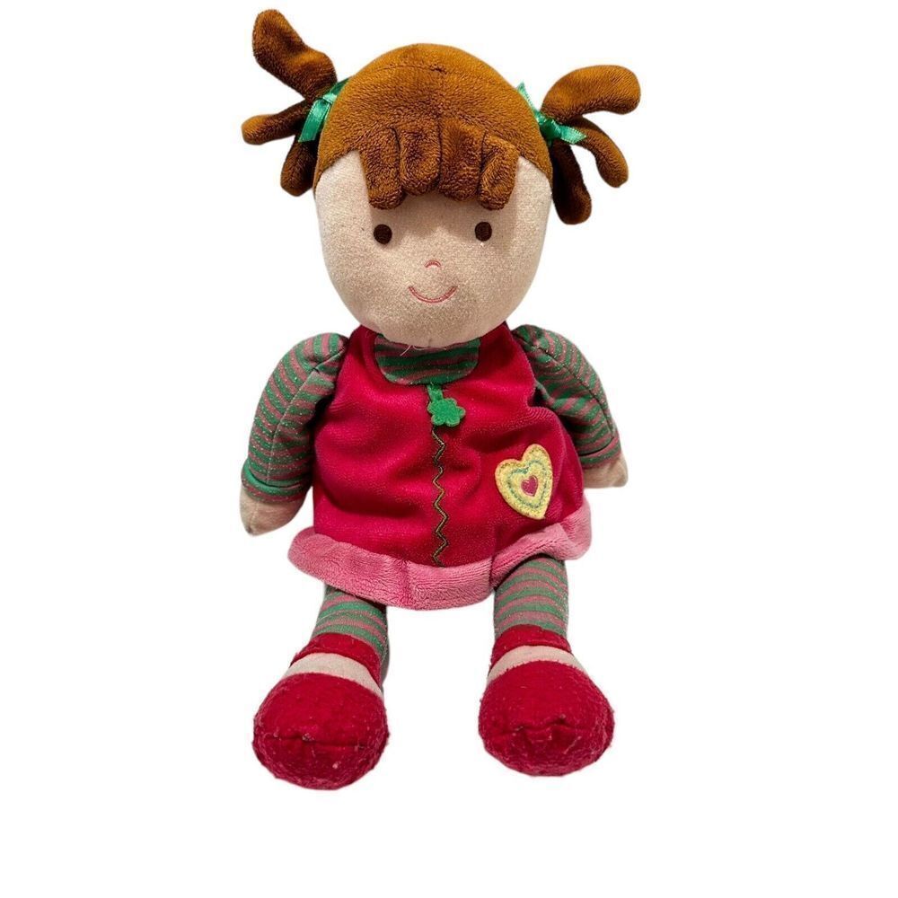 Carters Just One Year Brunette Plush Doll Brown Lovey Plush Pink Green Dress